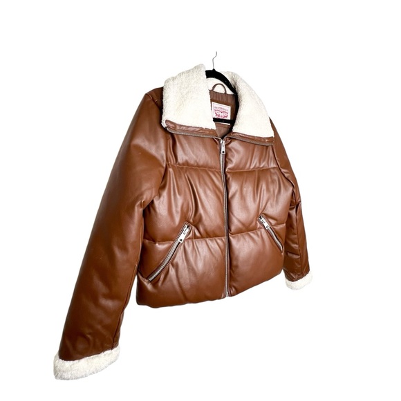 NEW Levi's Sherpa-Trimmed Faux-Leather Puffer Coat in Brown Size Large - Picture 5 of 7